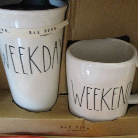 Rae Dunn 2 Piece WEEKDAY & WEEKEND Travel & Mug Set New in Box - Picture 1 of 6
